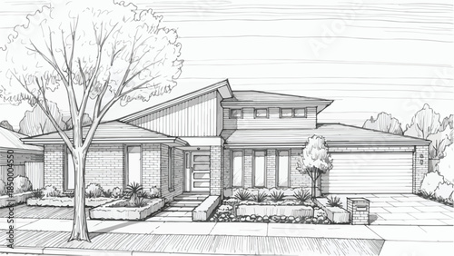 Modern suburban house architecture with garage and green yard vector sketch