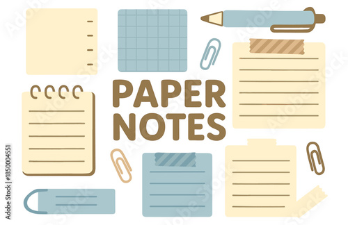 Assorted paper notes and stationery accessories: clips, notepads, pens, and papers