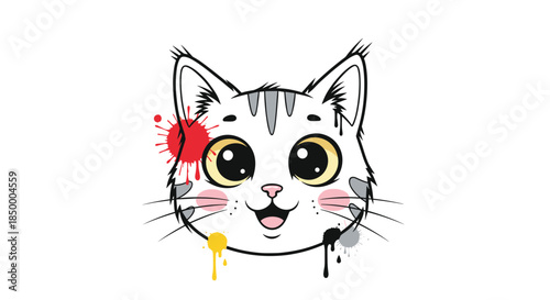 Cheerful kitten face illustration features cute pink cheeks and is surrounded by artistic multi colored paint splatters.