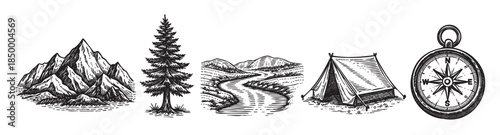 A black and white sketch illustrates iconic outdoor adventure elements including majestic mountains, a tall pine tree, a winding river valley, a tent, and a classic compass.