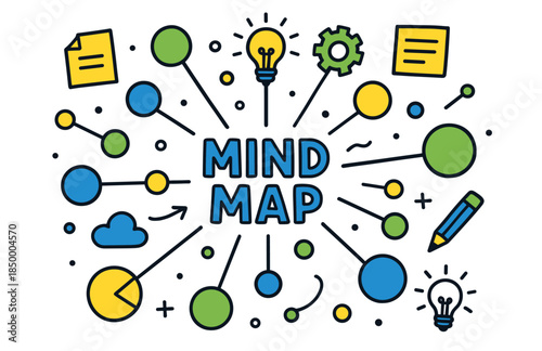 Creative mind map concept with colorful icons and symbols for brainstorming and idea generation