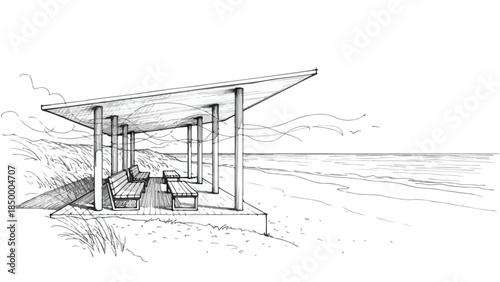 Minimalist modern beach pavilion architecture with ocean view vector sketch