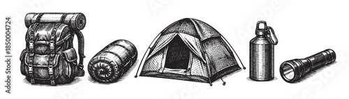 A detailed pen and ink illustration showcases essential camping equipment, including a backpack, sleeping bag, tent, water bottle, and flashlight, arranged on a white background.
