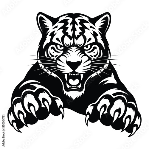 Black and white illustration of a roaring tiger with open mouth and sharp claws outstretched