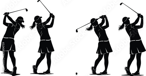Silhouette of a woman playing golf in four stages
