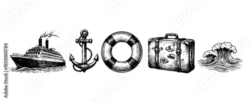 A vintage-style illustration featuring a steamship, anchor, lifebuoy, suitcase, and wave, perfect for conveying themes of sea travel, adventure, and voyages.