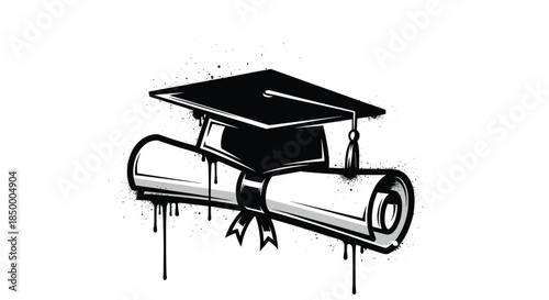 Graduation cap and diploma scroll are presented in a bold black and white graffiti style with artistic paint drips.