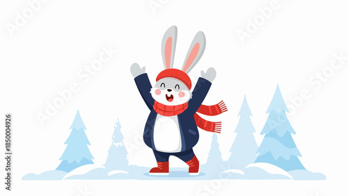 Cheerful cartoon rabbit in festive winter attire standing in a snowy forest landscape