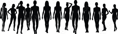 Silhouettes of people standing in a line