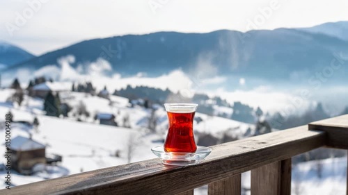 A traditional Turkish tea glass on a wooden balcony overlooking snowy villages and mountains in the Black Sea region of Turkey during winter.