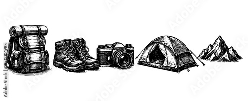 A vintage-style black and white illustration depicts essential outdoor adventure gear including a backpack, hiking boots, a camera, a tent, and mountains, perfect for travel and nature themes.