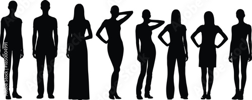 Seven female silhouettes in various poses on white background