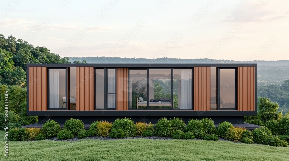 Obraz premium Modern House with Wood Panels Surrounded by Lush Green Landscape and Scenic View