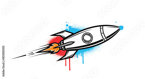 Classic rocket ship blasting off features a retro design with fire at the engines and colorful paint spray effects.