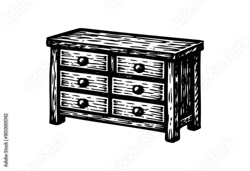 A black and white wood engraving of a vintage dresser with six drawers and round knobs, evoking a rustic and retro aesthetic.