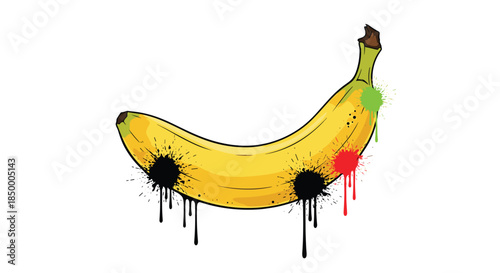 Bright yellow banana illustration is enhanced with creative black and red paint splatters and artistic dripping ink.