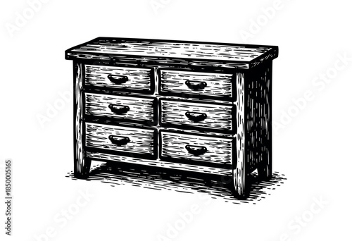 Hand-drawn illustration of a vintage wooden dresser with six drawers, rendered in a black and white sketch style, perfect for interior design or vintage themes.