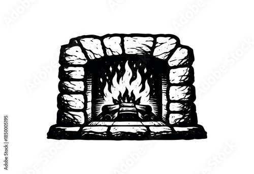 A black and white illustration of a stone fireplace with logs burning brightly inside, creating a cozy and warm atmosphere.