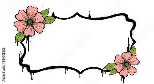 Elegant decorative frame with pink flowers and green leaves features a bold black border with artistic ink drips.