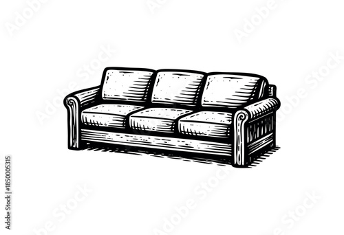 A detailed pen and ink sketch of a three-seater sofa with plush cushions and rolled arms, presented in a classic black and white vintage style on a clean white background.