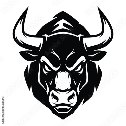 Black and white angry bull head with sharp horns and furious expression  animal symbol
