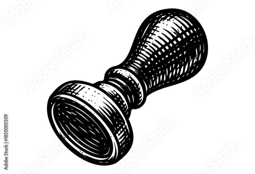A classic black and white illustration depicts a vintage stamp with an ornate handle, rendered in an engraving style on a clean white background.