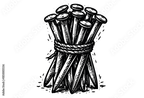 A woodcut style illustration of a bundle of metal nails bound together with rough twine, set against a clean white background with abstract black splatters.