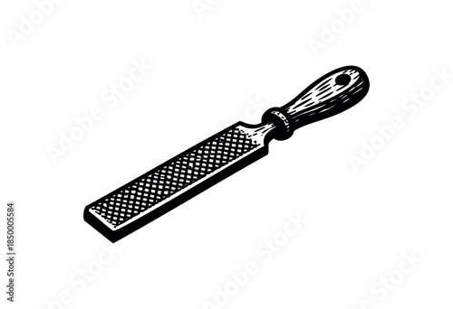 Vintage illustration of a rasp tool with a wooden handle, rendered in black and white on a clean white background.