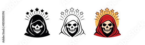 santa muerte hooded skull with small and rays behind