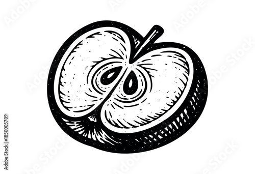 A scratchy black and white woodcut-style illustration of a halved apple on a white background, highlighting its seeds and core details.