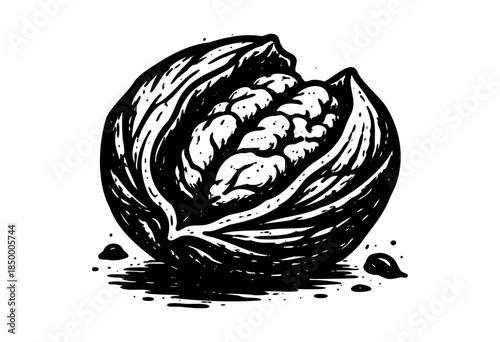 A bold black and white ink sketch depicts a stylized pomegranate with seeds spilling out, rendered in a graphic, hand-drawn style with a dynamic, textured feel.