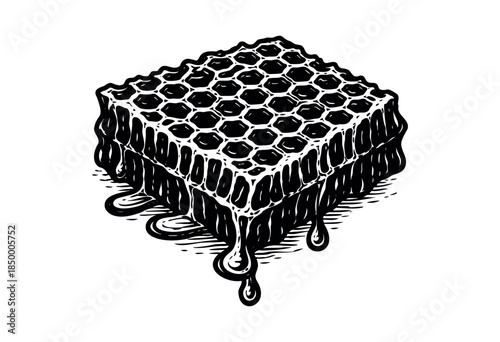 A detailed, high-contrast linocut style illustration of a honeycomb section with honey dripping down its sides, perfect for food or natural product branding.
