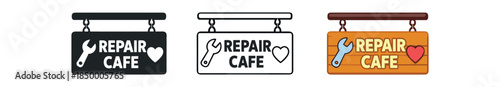 repair cafe signboard reading repair cafe with wrench and heart symbol