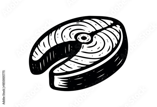 A stylized black and white illustration of a raw fish steak, rendered in a linocut or woodcut style, perfect for menus, recipes, or food concepts.