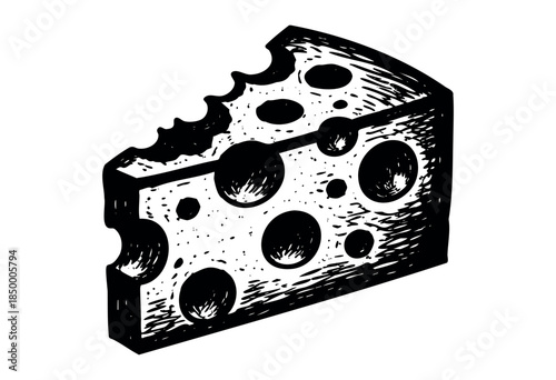 A stylized, hand-drawn illustration of a wedge of cheese featuring prominent holes and bite marks, presented in black and white on a clean white background.