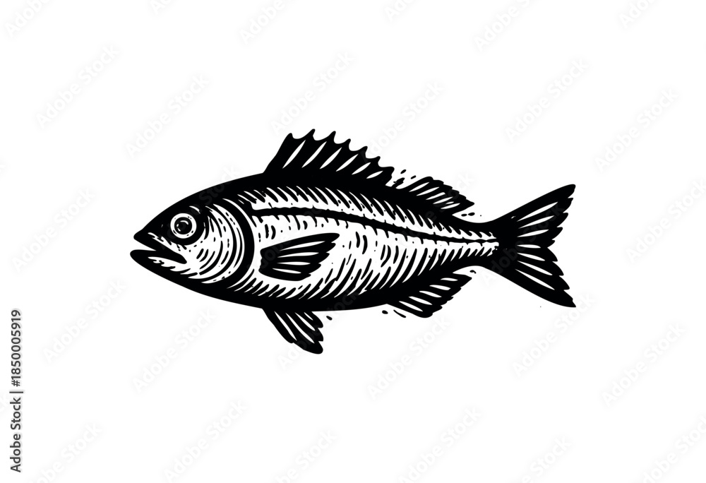 Fototapeta premium A simple black and white illustration of a fish, rendered in a linocut style with visible textures and detail. The fish is depicted in profile against a clean white background.