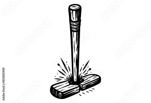 A striking black and white graphic illustration depicts a stylized hammer striking and breaking wooden blocks, conveying concepts of force and destruction in a minimalist art style.