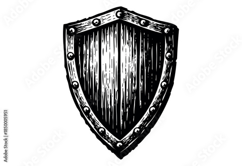 A stylized black and white woodcut illustration of a medieval shield with riveted metal trim and a textured wooden surface, isolated on a white background.