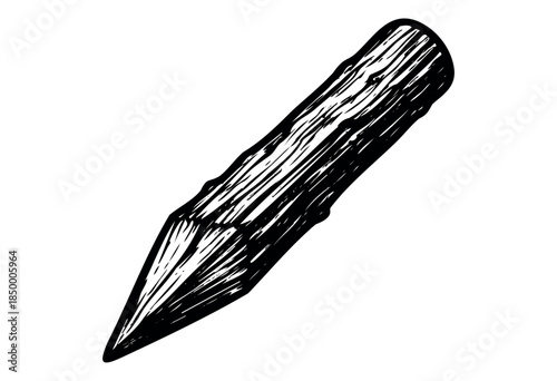 A stark black and white illustration of a sharpened wooden pencil, rendered in a rough, hand-drawn style against a clean white backdrop, evoking creativity and rustic design.