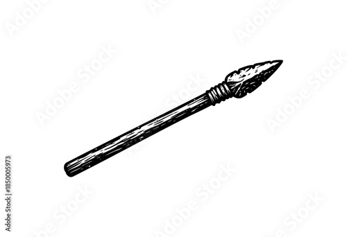 A hand-drawn illustration in black and white depicts an ancient spearhead with a textured shaft, set against a clean white background for versatility.