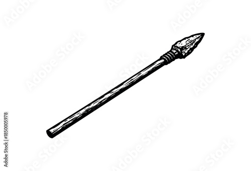 A detailed black and white ink sketch of an ancient spearhead with a textured stone point and wooden shaft, isolated on a clean white background.