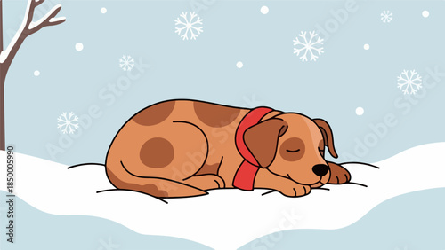 Brown dog with red scarf resting on snow-covered ground in winter landscape