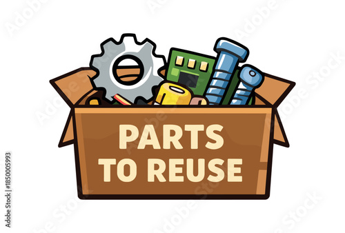 repair cafe box labeled parts to reuse with assorted components inside