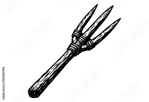 A stark black and white illustration of a three-tined pitchfork, featuring a rough, hand-drawn style with visible brush strokes and shading.