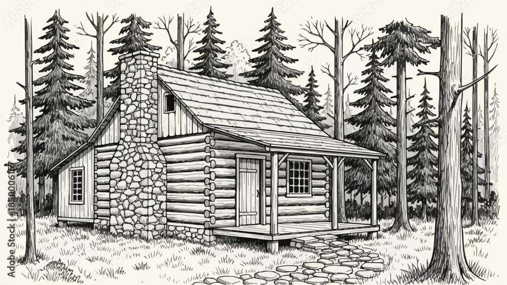 Fototapeta premium Small log cabin architecture in dense evergreen forest vector sketch