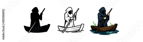 underworld myths hooded ferryman silhouette holding pole on small boat