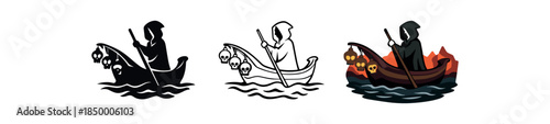 underworld myths boat crossing dark river with tiny skull lanterns