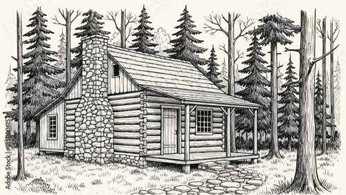 Small log cabin architecture in dense evergreen forest vector sketch