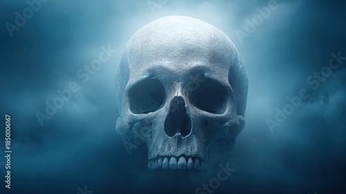 Realistic Human Skull Surrounded by Misty Atmosphere