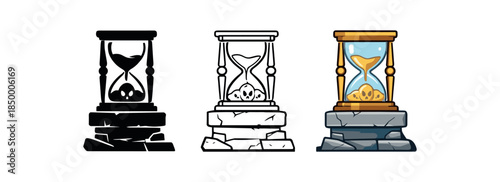 underworld myths hourglass on stone pedestal with faint skulls sand